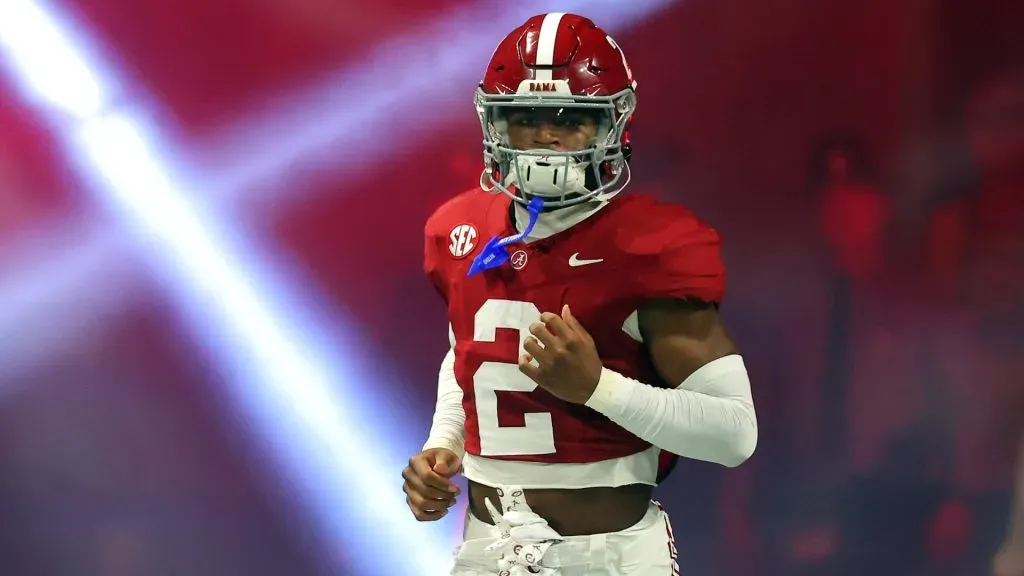 Caleb Downs #2 of the Alabama Crimson Tide runs onto the field during team introductions prior to the SEC Championship game against the Georgia Bulldogs at Mercedes-Benz Stadium on December 02, 2023 in Atlanta, Georgia.