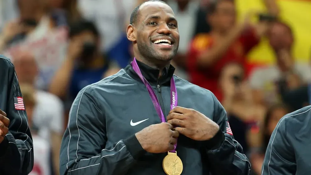 Lebron James #6 of United States holds his gold medal after defeating Spain in the Men’s Basketball gold medal game. Christian Petersen/Getty Images