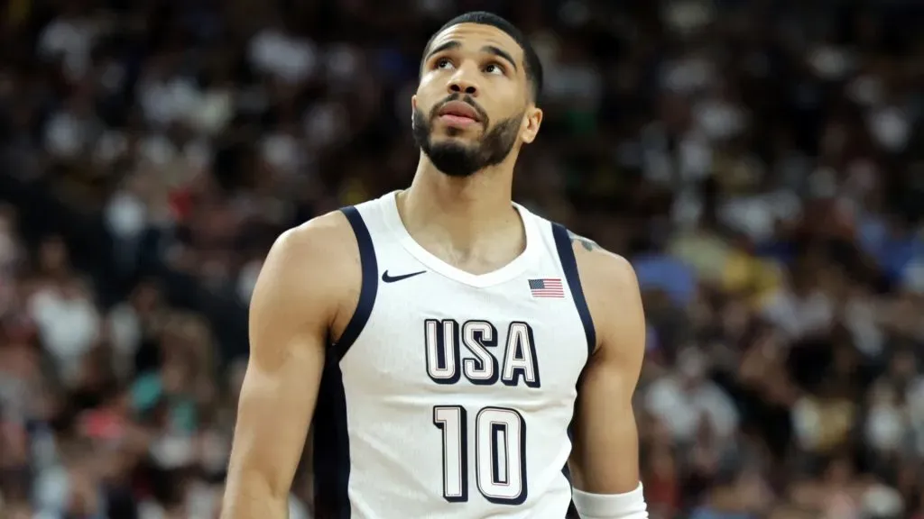 Jayson Tatum #10 of the United States walks on the court during a break in the second half of an exhibition game against Canada ahead of the Paris Olympic Games at T-Mobile Arena on July 10, 2024 in Las Vegas, Nevada. The United States defeated Canada 86-72.