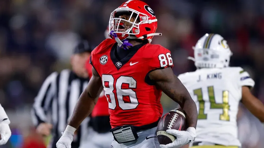 Dillon Bell #86 of the Georgia Bulldogs reacts during the third quarter against the Georgia Tech Yellow Jackets at Bobby Dodd Stadium on November 25, 2023 in Atlanta, Georgia.