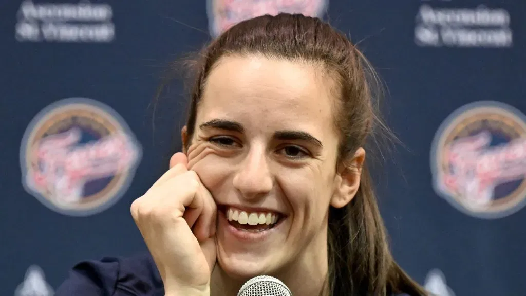 Caitlin Clark #22 of the Indiana Fever talks to the media before the game against the Washington Mystics at Capital One Arena on June 07, 2024 in Washington, DC.