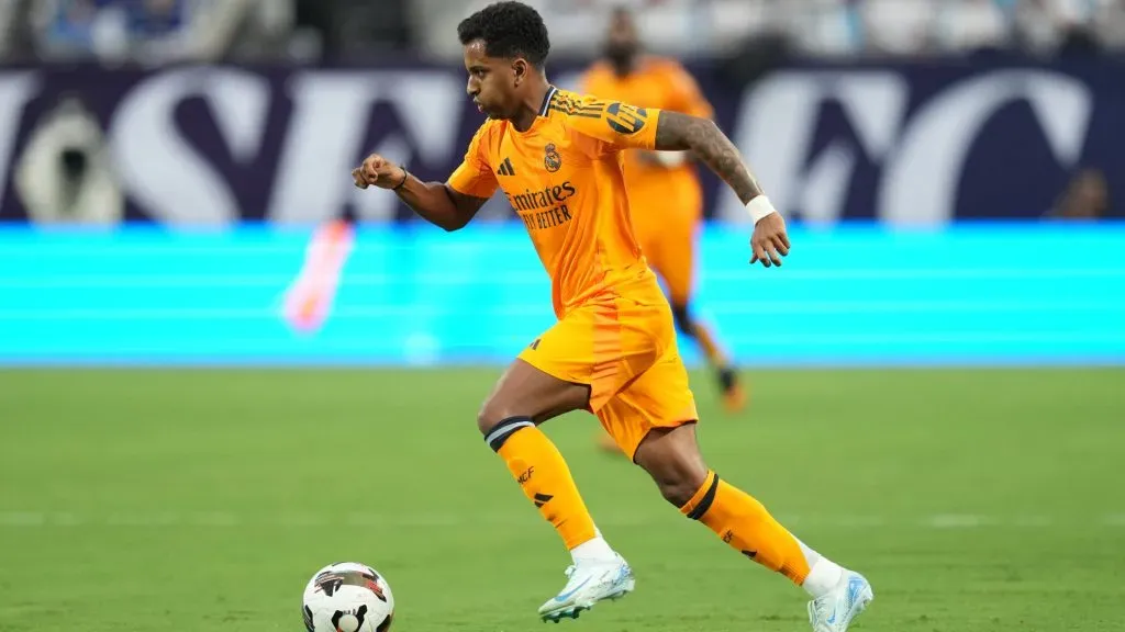 Rodrygo #11 of Real Madrid moves the ball against Chelsea during a pre-season friendly match at Bank of America Stadium. Grant Halverson/Getty Images