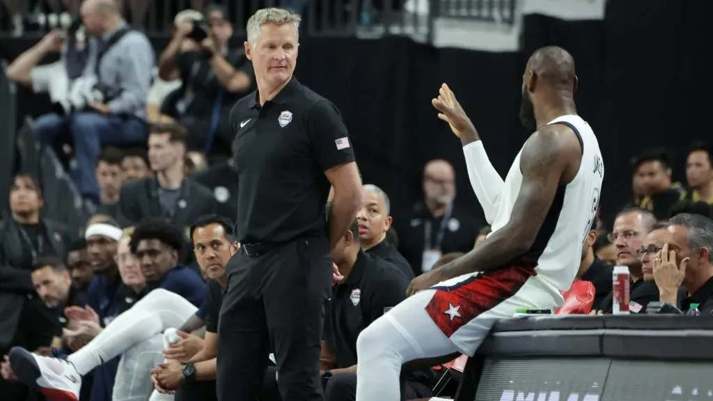 Head coach Steve Kerr of the United States talks with LeBron James #6. Ethan Miller/Getty Images