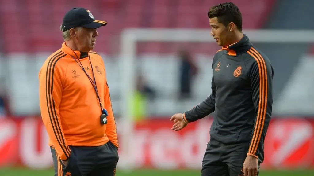 Head Coach, Carlo Ancelotti of Real Madrid speaks with Cristiano Ronaldo of Real Madrid during a Real Madrid training session ahead of the UEFA Champions League Final against Club Atletico de Madrid at Estadio da Luz on May 23, 2014 in Lisbon, Portugal.