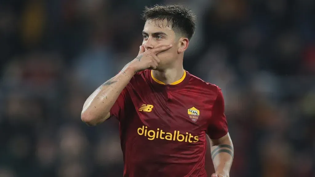 Paulo Dybala of AS Roma celebrates after scoring the team’s second goal during the Serie A match between AS Roma and UC Sampdoria at Stadio Olimpico on April 02, 2023 in Rome, Italy.