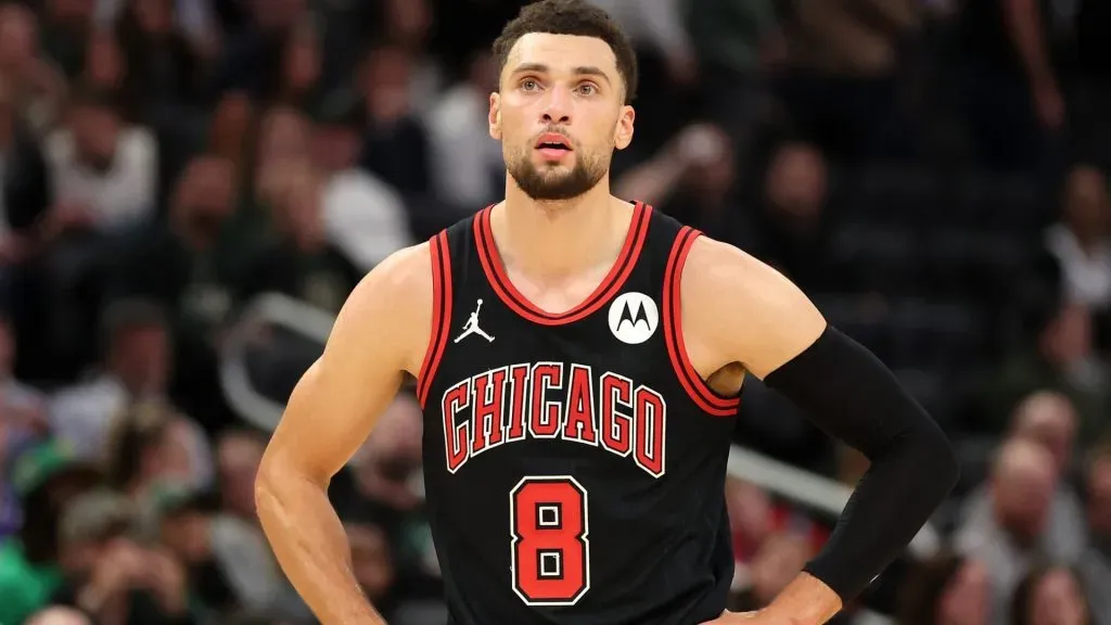 Zach LaVine #8 of the Chicago Bulls waits for a free throw during a game against the Milwaukee Bucks at Fiserv Forum on November 13, 2023 in Milwaukee, Wisconsin.