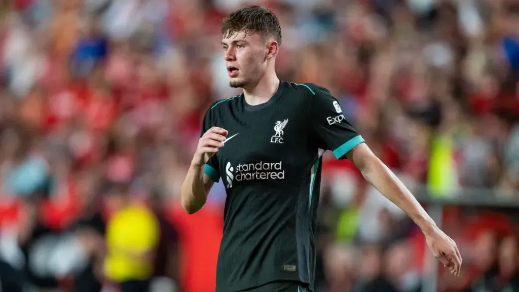 Conor Bradley #84 of Liverpool looks on during their pre-season friendly match against Manchester United. Jacob Kupferman/Getty Images