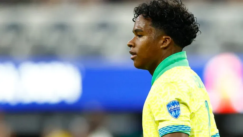 Endrick of Brazil ooks on during the CONMEBOL Copa America 2024 Group D match between Brazil and Costa Rica at SoFi Stadium on June 24, 2024 in Inglewood, California.