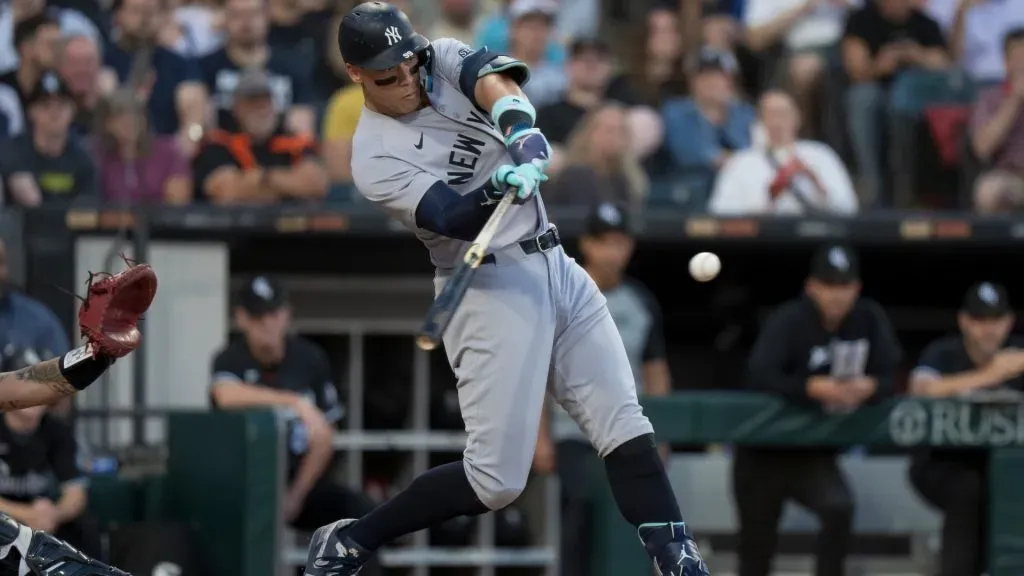 Aaron Judge #99 of the New York Yankees hits an RBI double in the bottom of the first inning against the Chicago White Sox at Guaranteed Rate Field on August 12, 2024 in Chicago, Illinois. (Photo by Matt Dirksen/Getty Images)