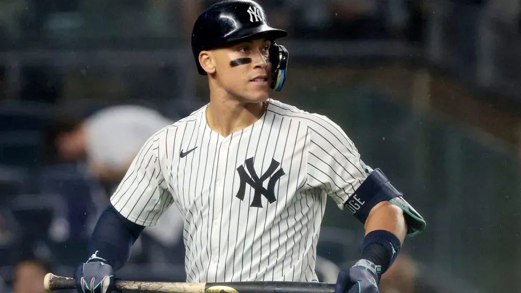 Aaron Judge #99 of the New York Yankees reacts after striking out in the bottom of the fourth inning during the game against the Los Angeles Angels at Yankee Stadium on August 8, 2024 in New York City. (Photo by Christopher Pasatieri/Getty Images)