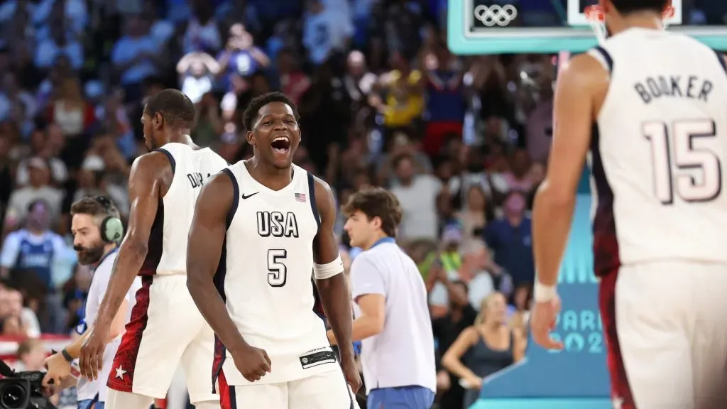 Anthony Edwards #5 of Team United States celebrates during a Men’s basketball semifinals match between Team United States and Team Serbia on day thirteen of the Olympic Games Paris 2024 at Bercy Arena on August 08, 2024 in Paris, France. (Photo by Ezra Shaw/Getty Images)