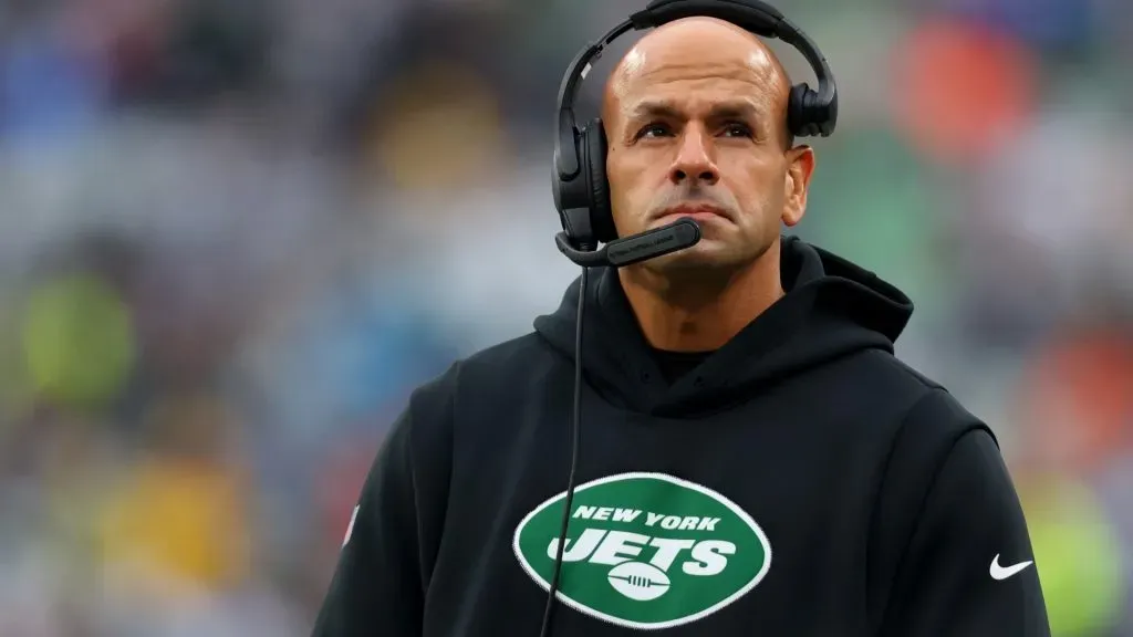 Head coach Robert Saleh of the New York Jets looks on in the first half of a game against the Chicago Bears at MetLife Stadium on November 27, 2022 in East Rutherford, New Jersey.