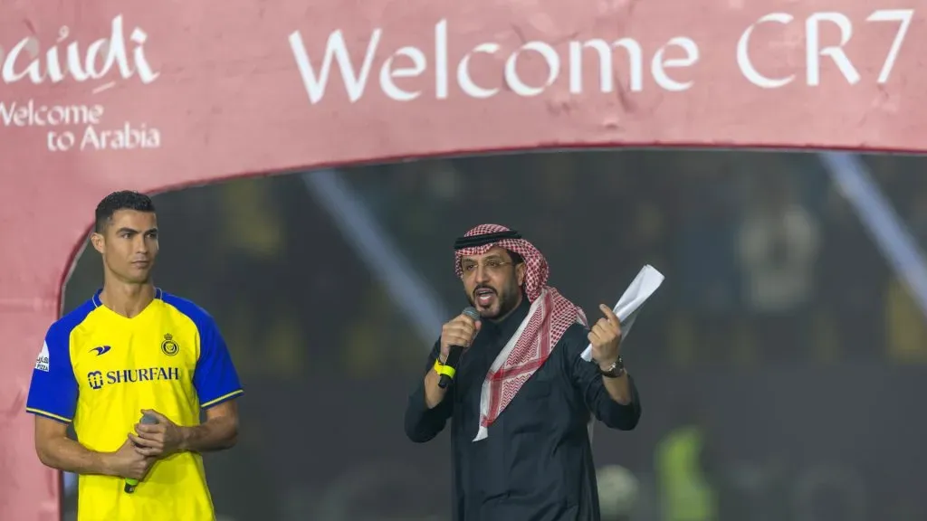 Cristiano Ronaldo greets the crowd during the official unveiling at Al Nassr. Yasser Bakhsh/Getty Images