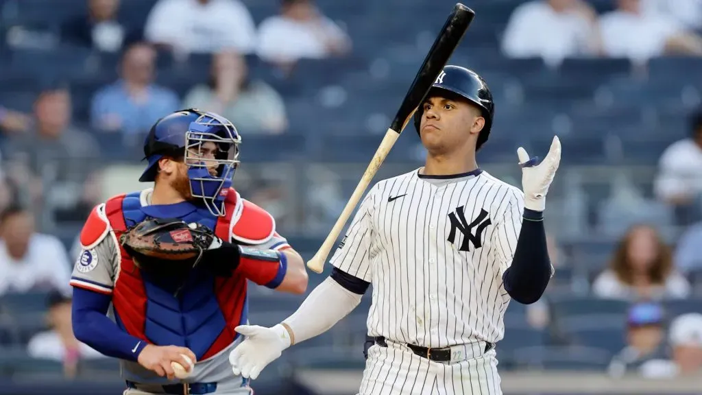 Juan Soto #22 of the New York Yankees reacts after striking out during the eighth inning against the Texas Rangers at Yankee Stadium on August 10, 2024 in New York City. (Photo by Jim McIsaac/Getty Images)