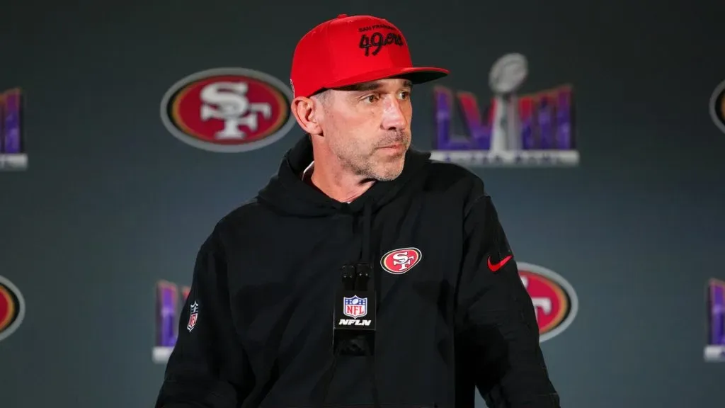 Head coach Kyle Shanahan speaks to the media during San Francisco 49ers media availability ahead of Super Bowl LVIII at Hilton Lake Las Vegas Resort and Spa on February 07, 2024 in Henderson, Nevada.