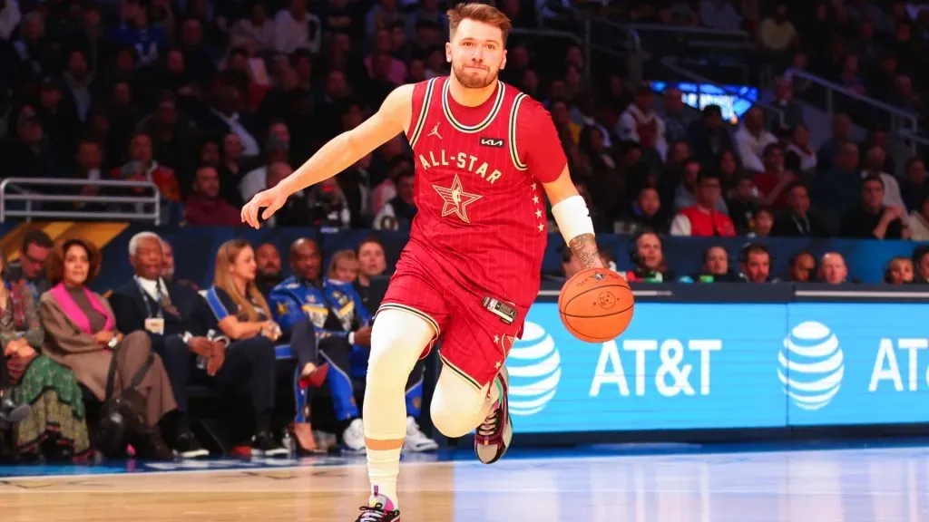 Luka Doncic #77 of the Dallas Mavericks and Western Conference All-Stars drives to the basket against the Eastern Conference All-Stars in the third quarter during the 2024 NBA All-Star Game. Revere/Getty Images