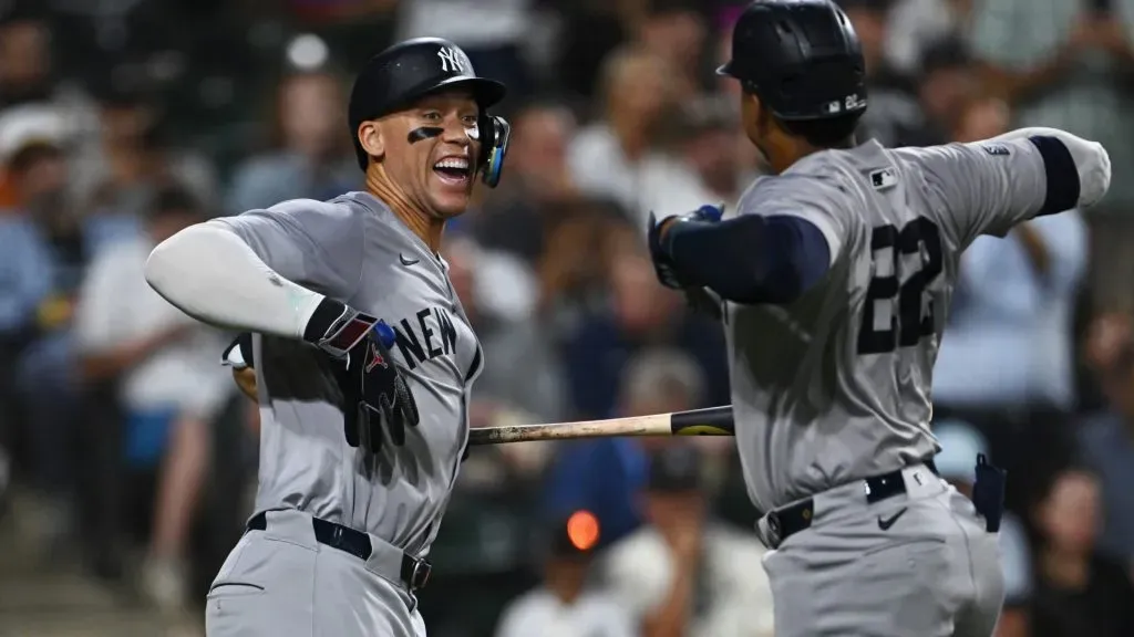 Aaron Judge #99 and Juan Soto #22 of the New York Yankees celebrate after Soto’s solo home run in the fifth inning off Jonathan Cannon of the Chicago White Sox (not pictured) at Guaranteed Rate Field on August 13, 2024 in Chicago, Illinois. (Photo by Quinn Harris/Getty Images)