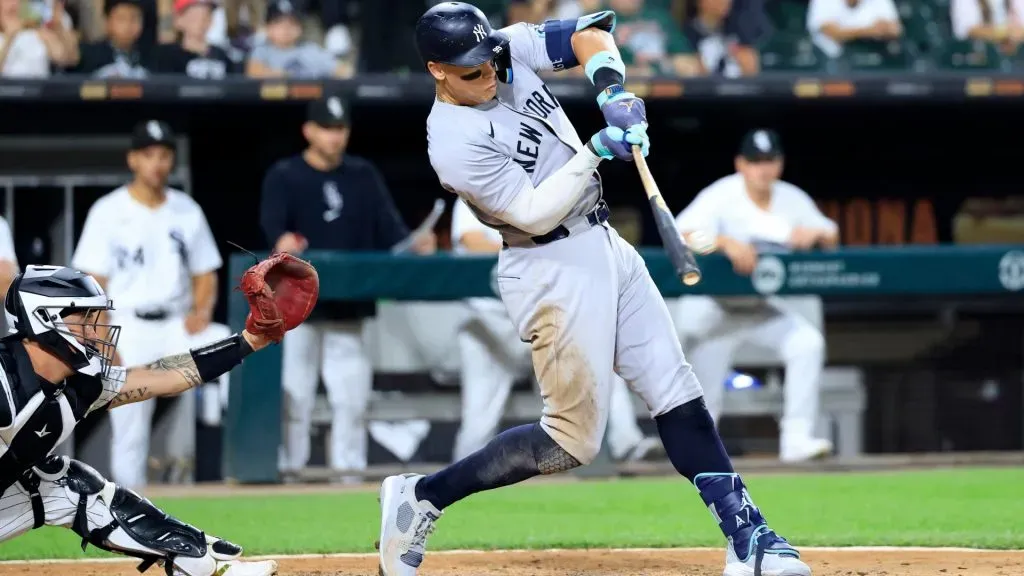 Aaron Judge #99 of the New York Yankees hits a three-run home run, his 300th career home run, in the eighth inning against the Chicago White Sox at Guaranteed Rate Field on August 14, 2024 in Chicago, Illinois. (Photo by Justin Casterline/Getty Images)