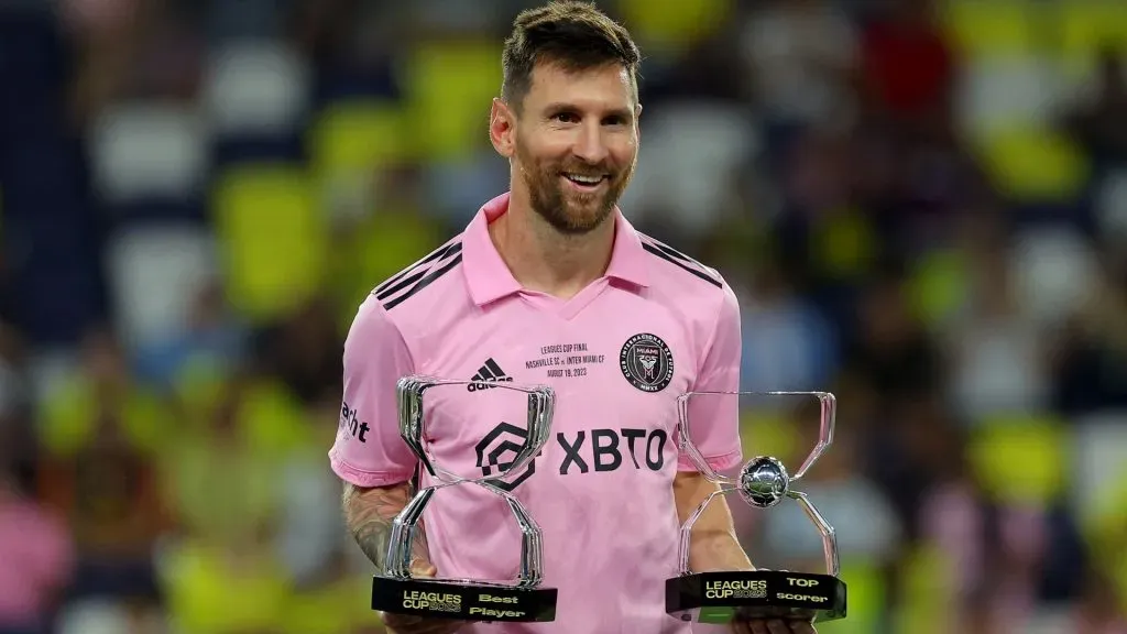 Lionel Messi #10 of Inter Miami poses with his Best Player Award and Top Scorer Award after defeating the Nashville SC to win the Leagues Cup 2023 final match between Inter Miami CF and Nashville SC at GEODIS Park on August 19, 2023 in Nashville, Tennessee. (Photo by Kevin C. Cox/Getty Images)