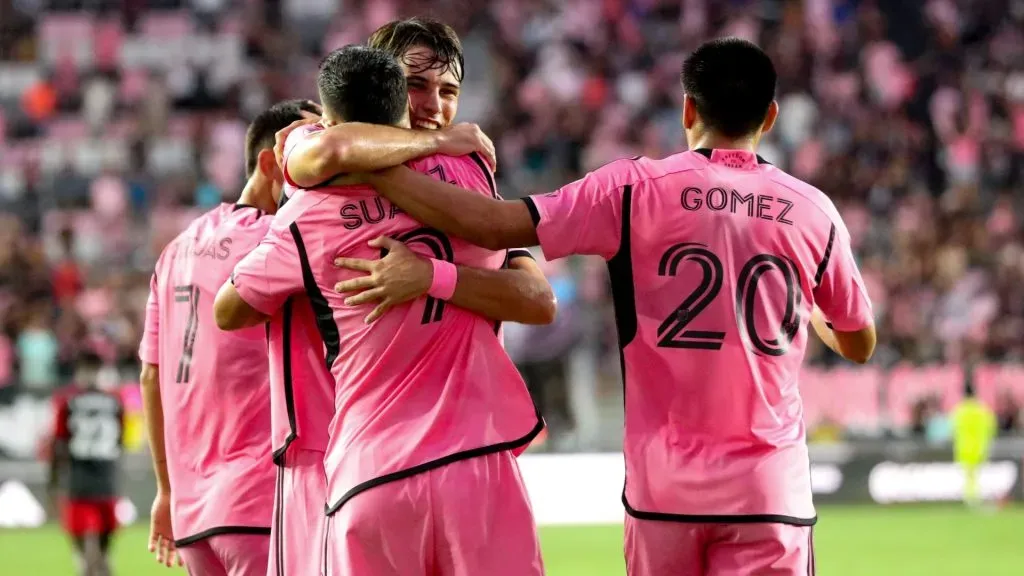 Forward Luis Suarez #9 of Inter Miami celebrates his goal with midfielder Federico Redondo #55 and Diego Gomez #20 at the Inter Miami CF v Toronto FC: Round of 32 – Leagues Cup 2024 game at Chase Stadium on August 8, 2024 in Fort Lauderdale, Florida. (Photo by Chris Arjoon/Getty Images)
