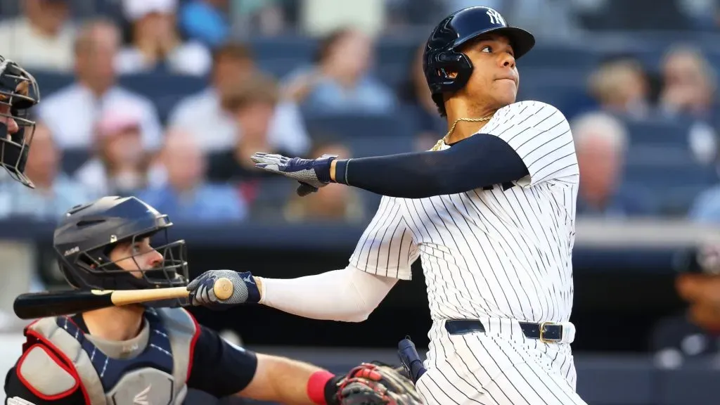 Juan Soto #22 of the New York Yankees hits a first inning 2-run home run against the Cleveland Guardians at Yankee Stadium. (Photo by Mike Stobe/Getty Images)
