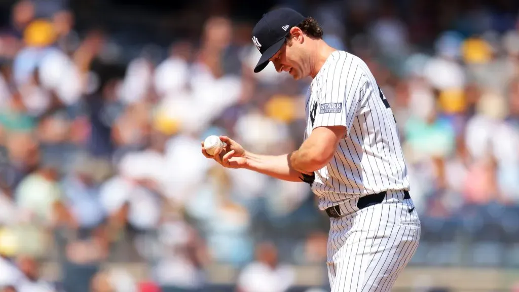 Gerrit Cole #45 of the New York Yankees reacts in the third inning against the Cleveland Guardians. (Photo by Mike Stobe/Getty Images)