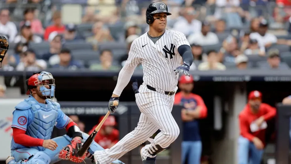 Juan Soto #22 of the New York Yankees follows through on his ninth inning double against the St. Louis Cardinals at Yankee Stadium on August 31, 2024 in New York City. (Photo by Jim McIsaac/Getty Images)
