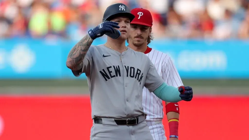 Alex Verdugo #24 of the New York Yankees reacts after hitting a double against the Philadelphia Phillies in the first inning at Citizens Bank Park. (Photo by Heather Barry/Getty Images)