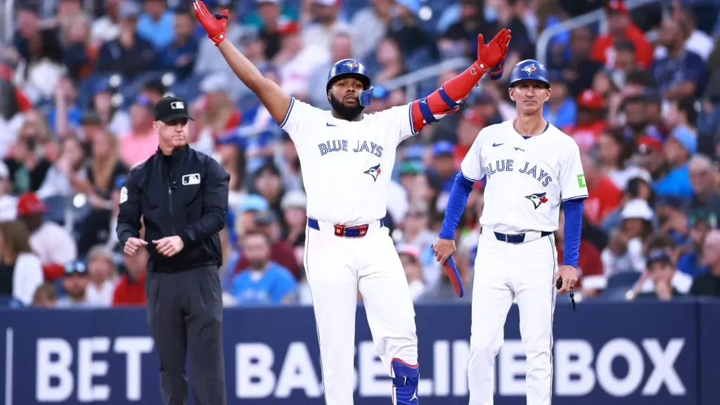 Vladimir Guerrero Jr. #27 of the Toronto Blue Jays celebrates after hitting a single in the first inning during a game against the Philadelphia Phillies at Rogers Centre on September 03, 2024 in Toronto, Ontario, Canada. (Photo by Vaughn Ridley/Getty Images)