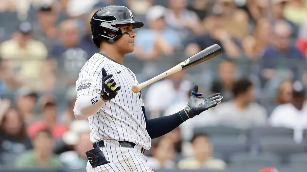 Juan Soto #22 of the New York Yankees reacts after striking out to end the third inning against the St. Louis Cardinals at Yankee Stadium on August 31, 2024 in New York City. (Photo by Jim McIsaac/Getty Images)