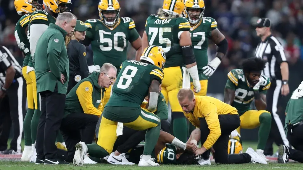 Jordan Love of the Green Bay Packers reacts after suffering an injury during the fourth quarter against the Philadelphia Eagles at Arena Corinthians on September 06, 2024 in Sao Paulo, Brazil. (Photo by Wagner Meier/Getty Images)