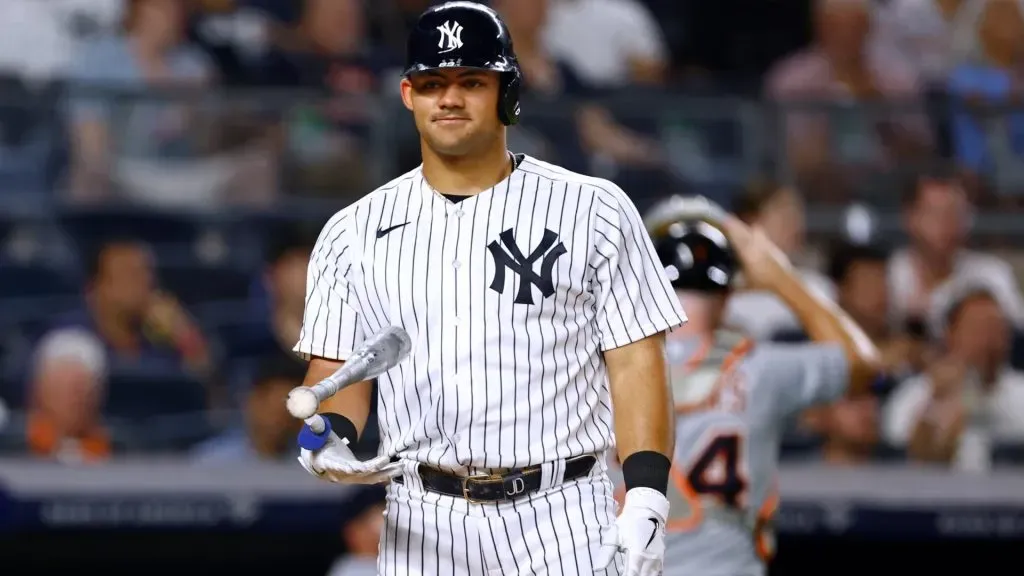 Jasson Dominguez #89 of the New York Yankees reacts after being called out on strikes against the Detroit Tigers during the fourth inning of a game at Yankee Stadium. (Photo by Rich Schultz/Getty Images)