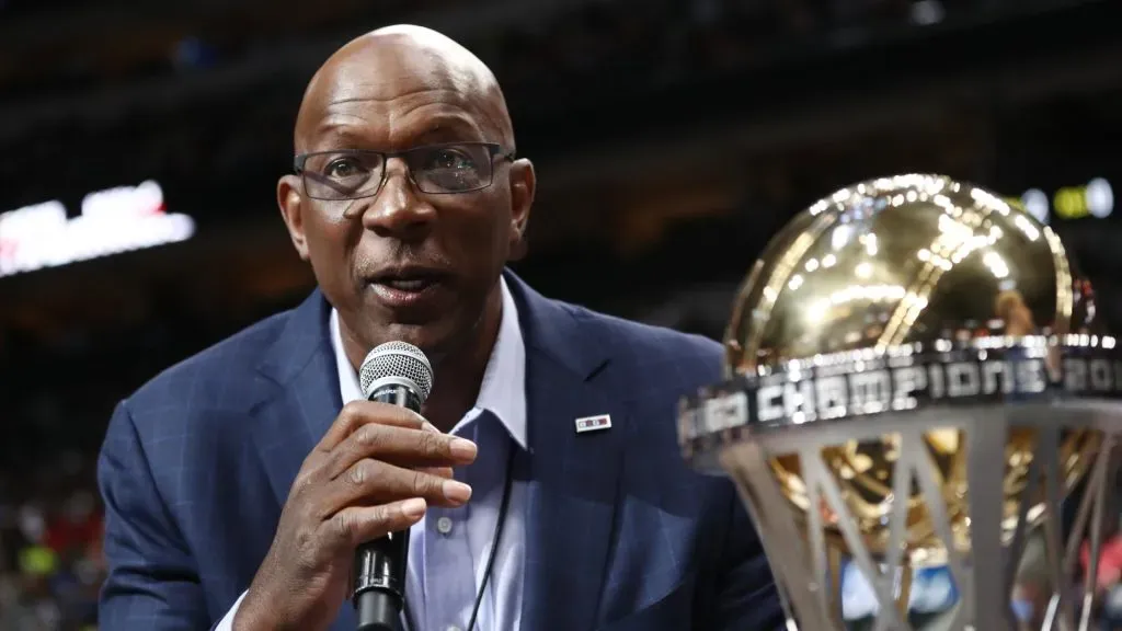 BIG3 commissioner Clyde Drexler presents the BIG3 2018 Championship trophy to the Power during week nine of the BIG3 three on three basketball league at American Airlines Center on August 17, 2019 in Dallas, Texas. (Photo by Ronald Martinez/BIG3 via Getty Images)