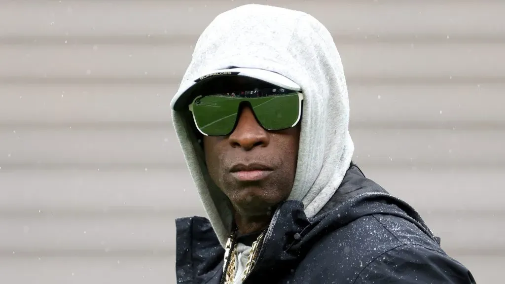 Head coach Deion Sanders of the Colorado Buffaloes watches as his team warms-up prior to their spring game at Folsom Field on April 27, 2024 in Boulder, Colorado.