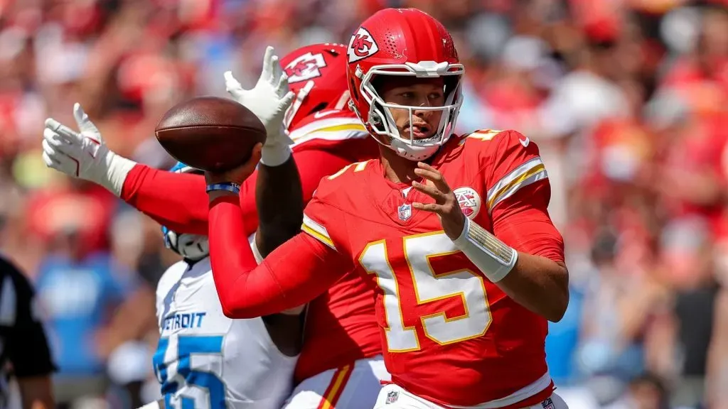 Patrick Mahomes #15 of the Kansas City Chiefs looks for an open receiver during the first quarter of a preseason game against the Detroit Lions at GEHA Field at Arrowhead Stadium on August 17, 2024 in Kansas City, Missouri.