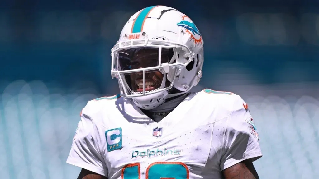 Tyreek Hill #10 of the Miami Dolphins looks on prior to a game against the Jacksonville Jaguars at Hard Rock Stadium on September 08, 2024 in Miami Gardens, Florida.