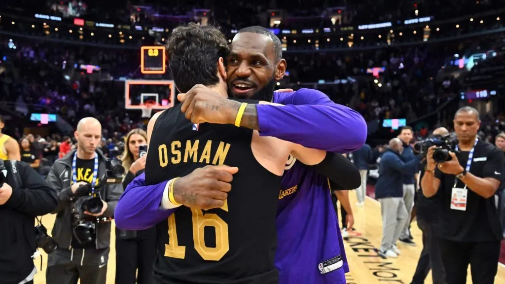 LeBron James #6 of the Los Angeles Lakers congratulates his former teammate Cedi Osman #16 of the Cleveland Cavaliers after the game at Rocket Mortgage Fieldhouse on December 06, 2022 in Cleveland, Ohio.