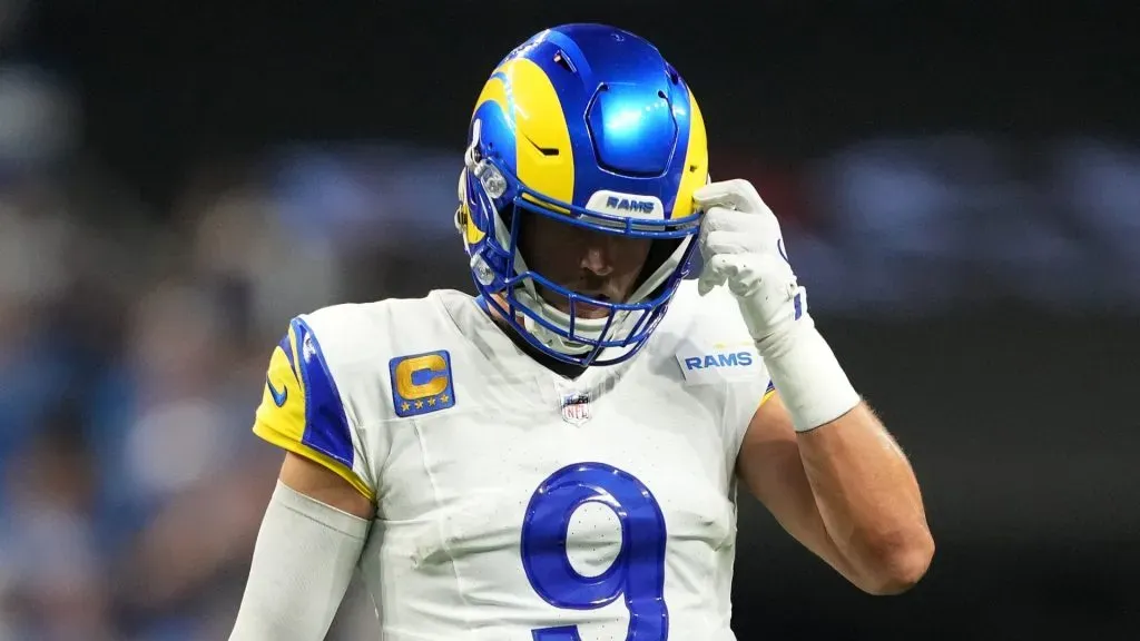 Matthew Stafford #9 of the Los Angeles Rams reacts after a play against the Detroit Lions at Ford Field on September 08, 2024 in Detroit, Michigan.