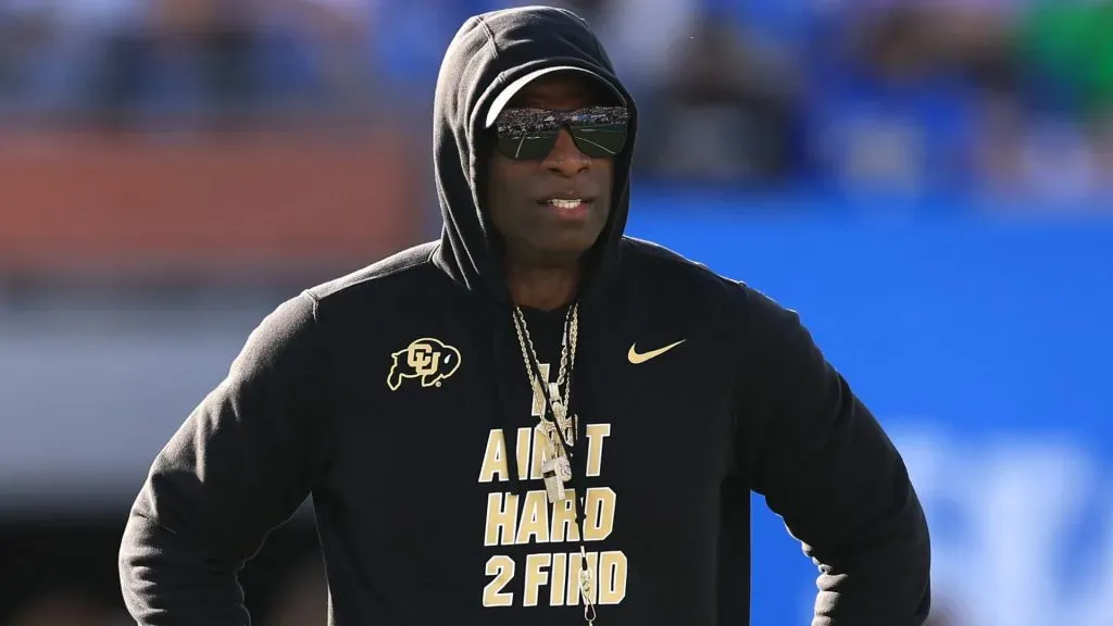 Head coach Deion Sanders of the Colorado Buffaloes looks prior to a game against the UCLA Bruins at Rose Bowl Stadium on October 28, 2023 in Pasadena, California.