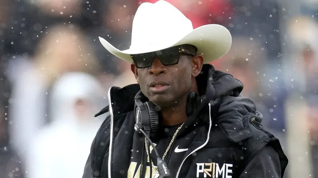 Head coach Deion Sanders of the Colorado Buffaloes watches as his team plays their spring game at Folsom Field on April 22, 2023 in Boulder, Colorado.