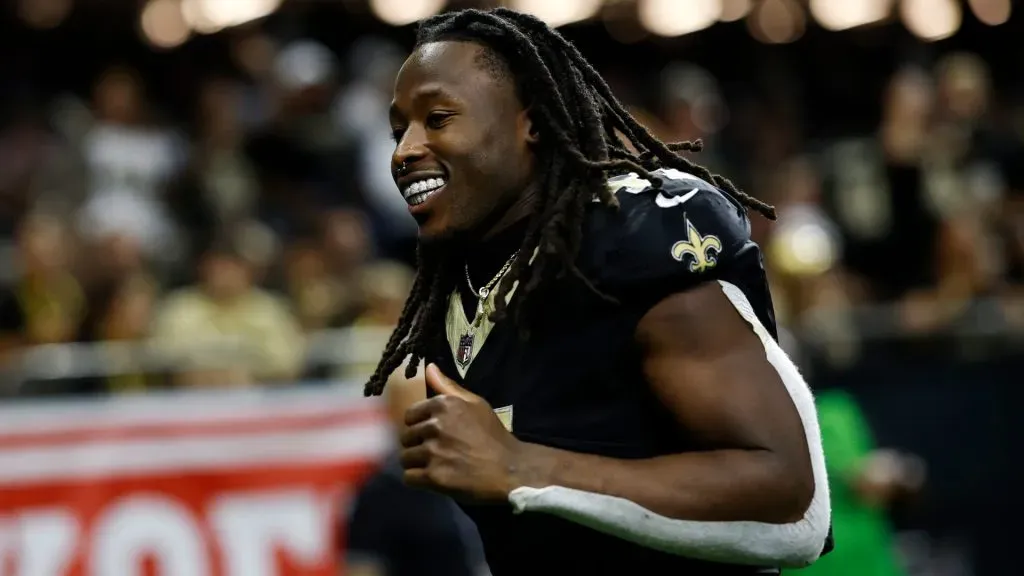 Alvin Kamara #41 of the New Orleans Saints looks on after playing the Carolina Panthers at Caesars Superdome on September 08, 2024 in New Orleans, Louisiana. (Photo by Chris Graythen/Getty Images)