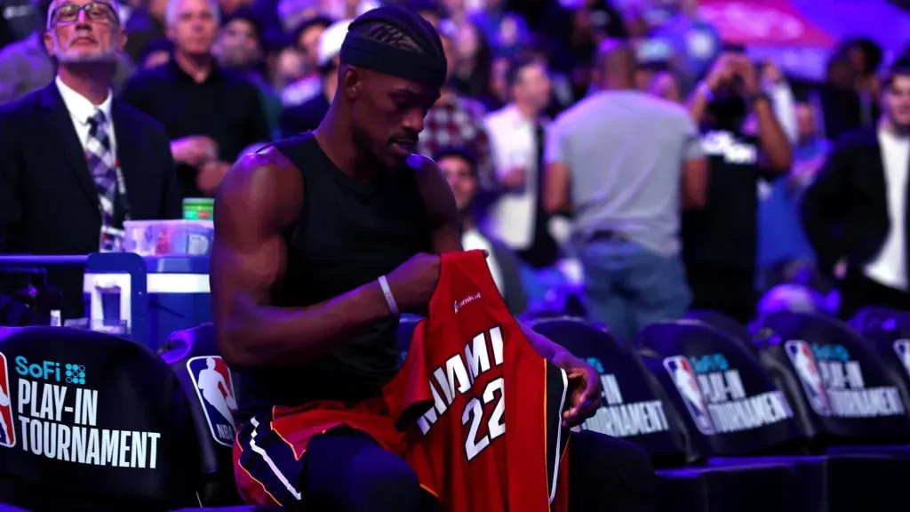 Jimmy Butler #22 of the Miami Heat looks on before playing against the Philadelphia 76ers during the Eastern Conference Play-In Tournament at the Wells Fargo Center on April 17, 2024 in Philadelphia, Pennsylvania. (Photo by Tim Nwachukwu/Getty Images)