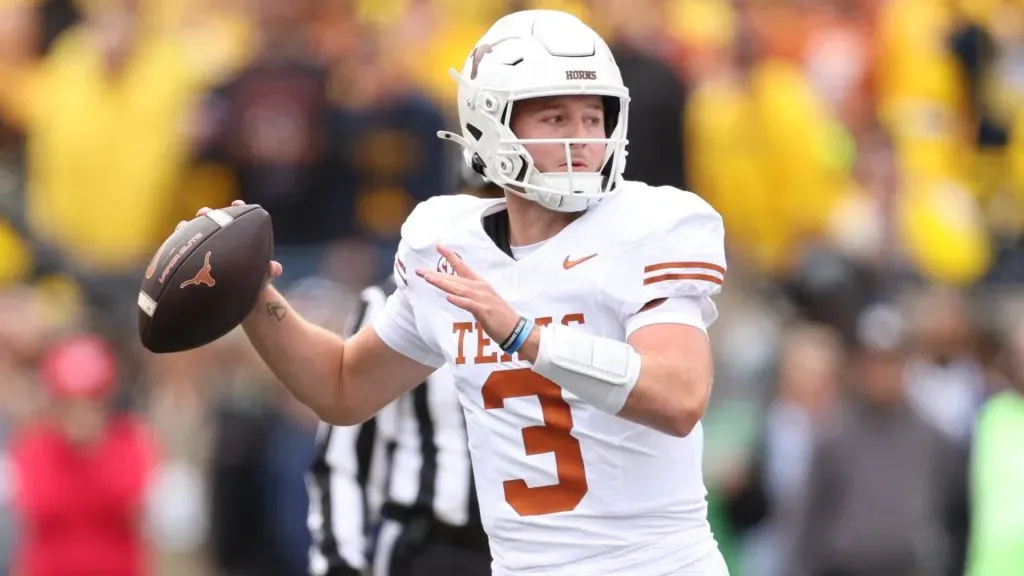 Quinn Ewers of the Texas Longhorns looks to pass during the first quarter against the Michigan Wolverines at Michigan Stadium on September 07, 2024 in Ann Arbor, Michigan. (Photo by Gregory Shamus/Getty Images)