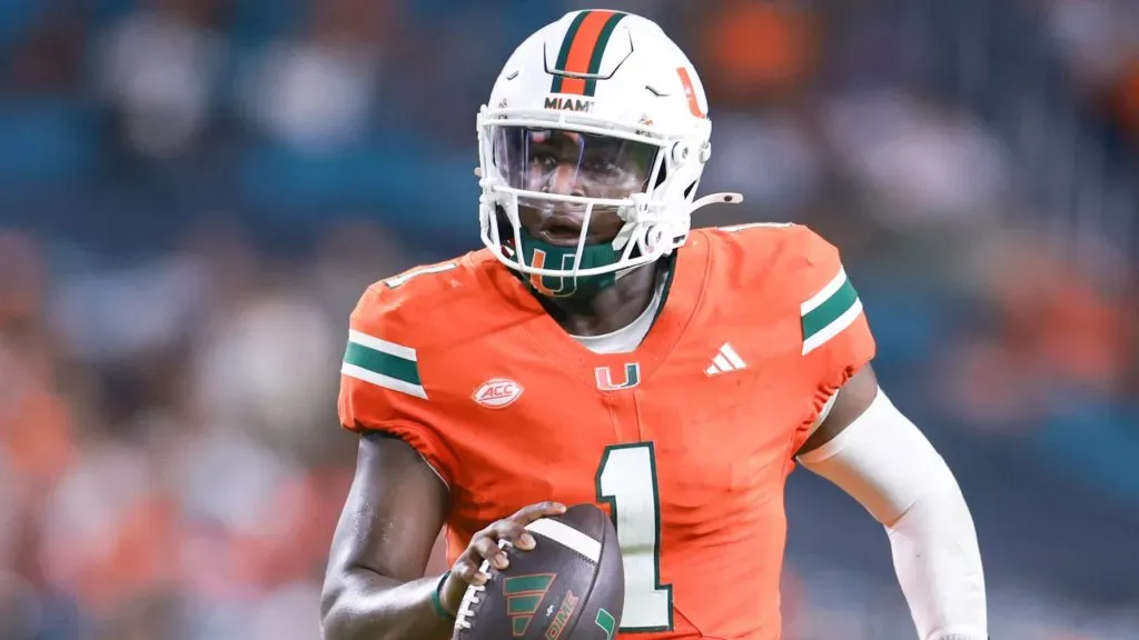 Quarterback Cam Ward #1 of the Miami Hurricanes in action against the Florida A&amp;M Rattlers during the second half at Hard Rock Stadium on September 07, 2024 in Miami Gardens, Florida.