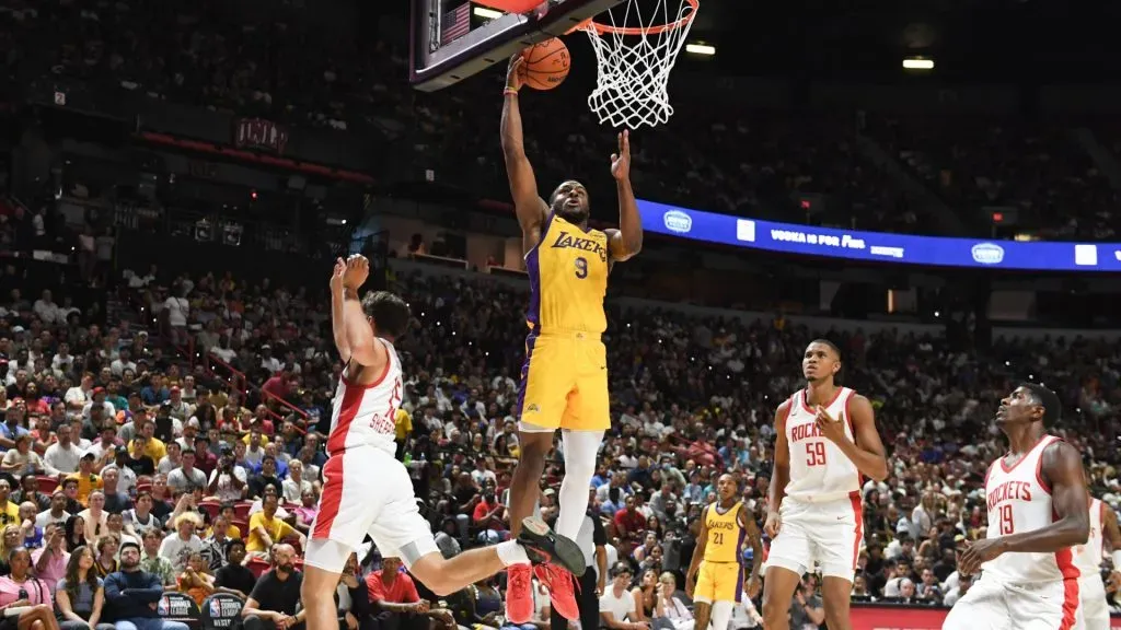 Bronny James Jr. #9 of the Los Angeles Lakers scores on the Houston Rockets in the first half of a 2024 NBA Summer League game. Candice Ward/Getty Images