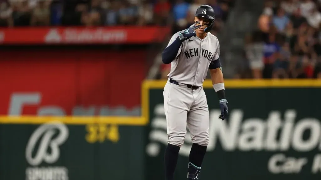 Aaron Judge #99 of the New York Yankees celebrates his RBI double against the Texas Rangers in the sixth inning at Globe Life Field on September 2, 2024 in Arlington, Texas. (Photo by Ron Jenkins/Getty Images)