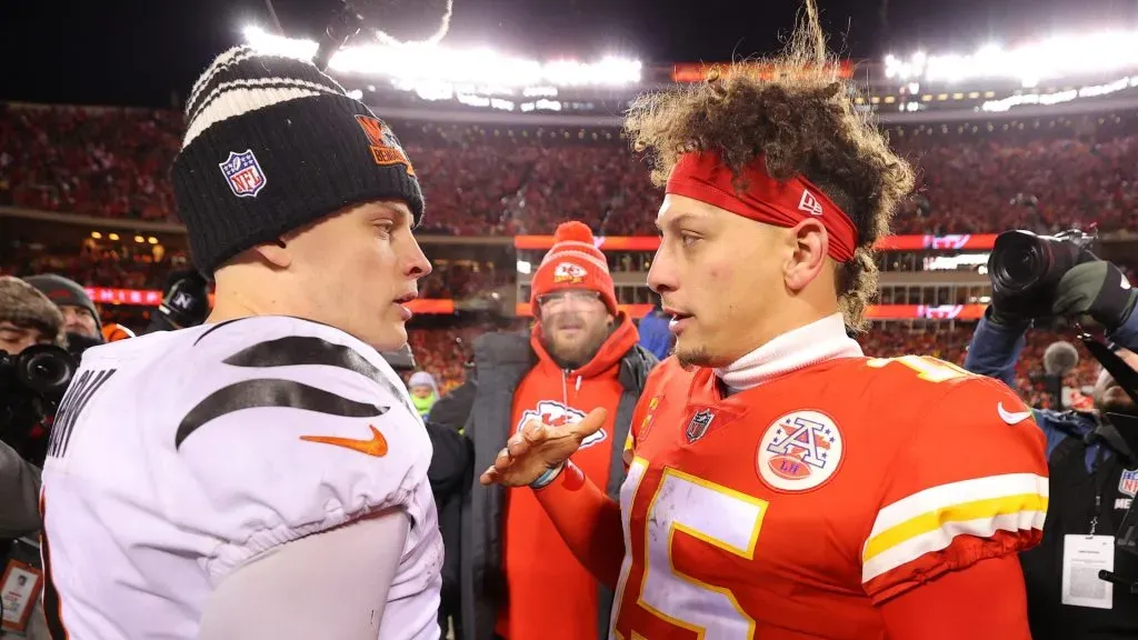 Joe Burrow #9 of the Cincinnati Bengals and Patrick Mahomes #15 of the Kansas City Chiefs meet on the field after the AFC Championship Game at GEHA Field at Arrowhead Stadium on January 29, 2023 in Kansas City, Missouri.