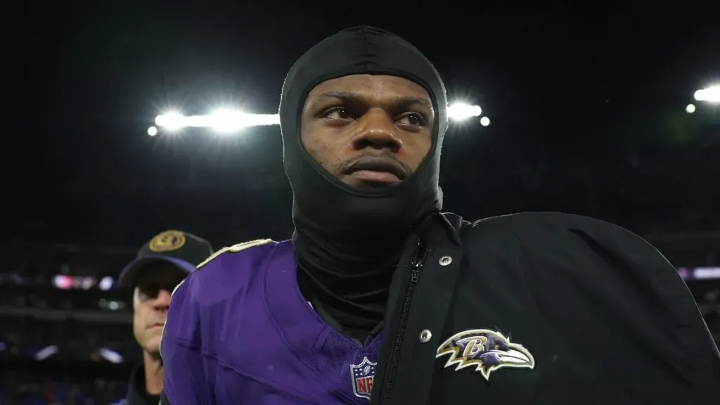 Lamar Jackson #8 of the Baltimore Ravens reacts after a 17-10 defeat against the Kansas City Chiefs in the AFC Championship Game at M&amp;T Bank Stadium on January 28, 2024 in Baltimore, Maryland.