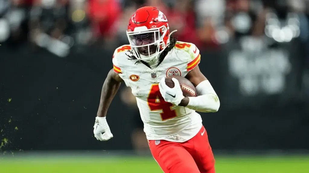 Rashee Rice of the Kansas City Chiefs runs for a fourth quarter touchdown against the Las Vegas Raiders at Allegiant Stadium on November 26, 2023 in Las Vegas, Nevada.