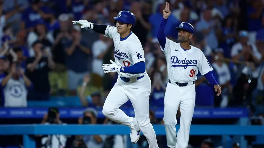 Shohei Ohtani #17 of the Los Angeles Dodgers celebrates a home run against the Chicago Cubs in the first inning at Dodger Stadium on September 11, 2024 in Los Angeles, California. (Photo by Ronald Martinez/Getty Images)